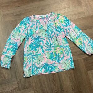 Lilly Pulitzer Elsa Silk Top Mandevilla Baby Hip Nautic Womens Medium Pink Blue
